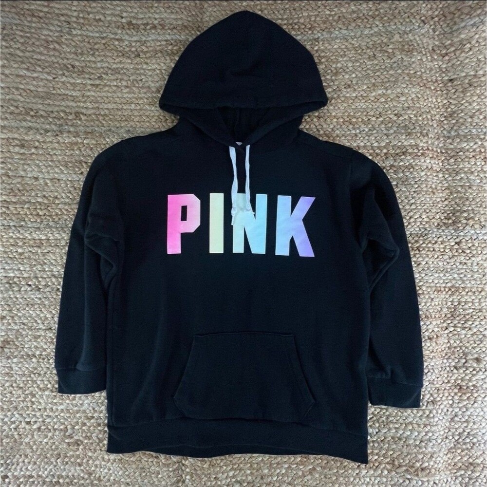 Victoria's Secret PINK Women Hoodie Small Black Fleece Logo Rainbow Pastel